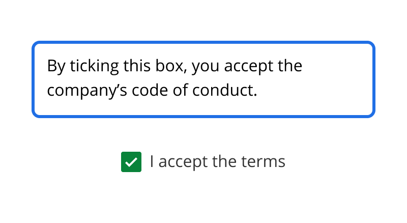 The agreement text should not be included into the focus order; instead, one should use the aria-describedby property