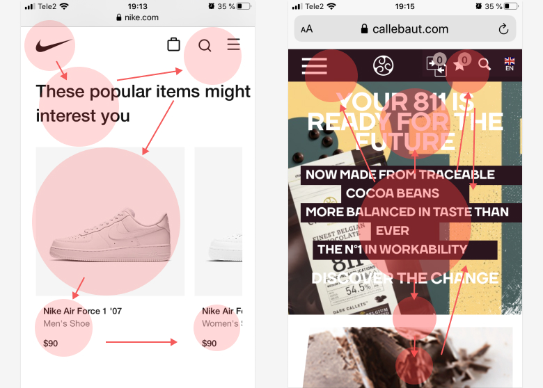 сайт Nike и сайт Callebaut, как скользит взгляд